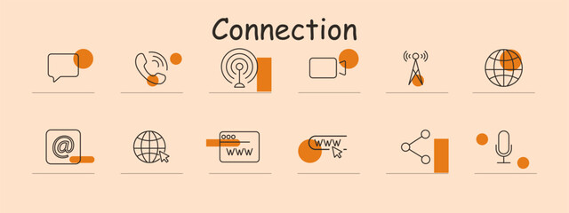 Connection set icon. Chat bubble, phone call, wifi signal, video call, antenna, globe, email, web address, click link, share, microphone. Communication, networking, internet.