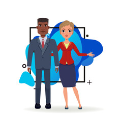 Business team in formal wear. African American businessman and Caucasian businesswoman greeting partners. International business concept. Vector illustration can be used for topics like partnership