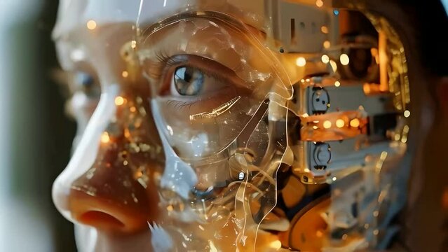 Macro shot of a female cyborg humanoid robot in a futuristic setting with transparent glass skin and electronic elements and schemes. Technology, AI, future concept