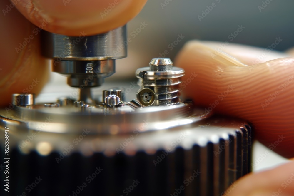 Poster Macro shot of a professional setting a small gear in a watch mechanism