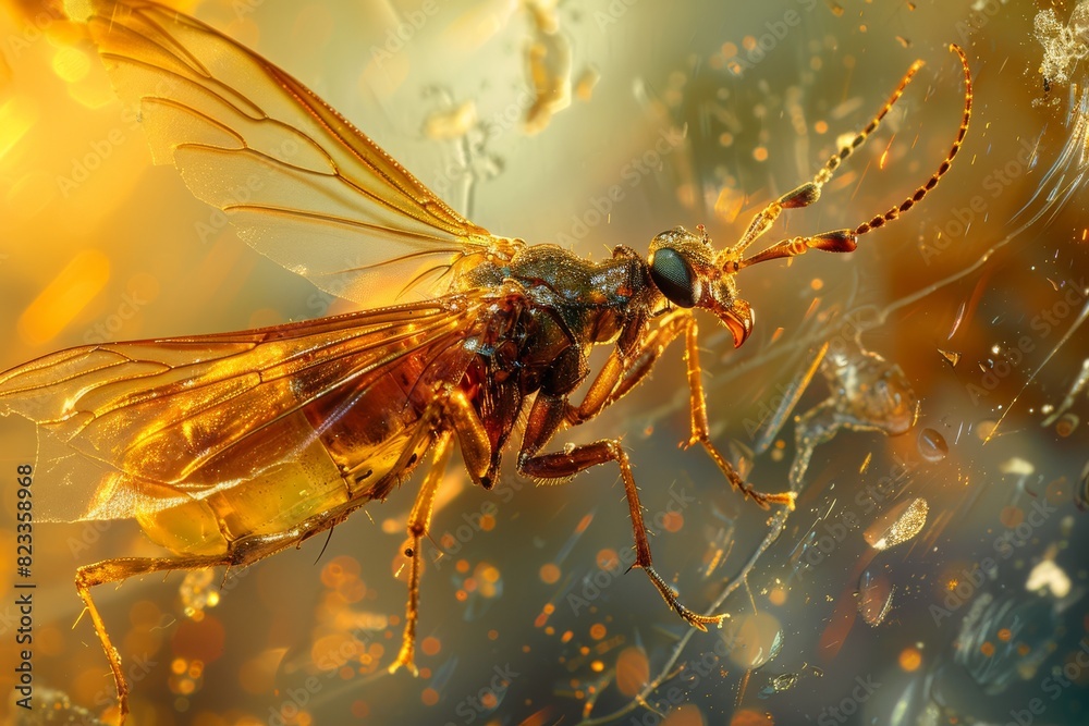 Poster this striking image captures a fly trapped in amber, with microscopic details visible in warm light