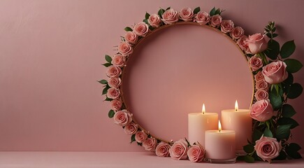 A round frame adorned with pink roses and candles on a pink background, creating a serene and romantic ambiance.