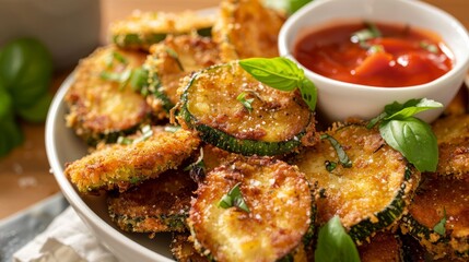 Bowl of breaded and fried zucchini slices, garnished with fresh basil leaves, accompanied by a small bowl of ketchup on the side