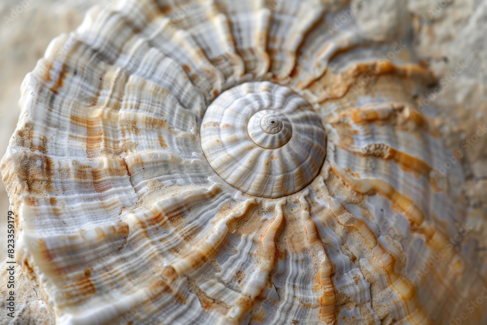 Aufkleber This image showcases a close-up of a spiral-patterned shell resting on a textured rocky surface, displaying its intricate details