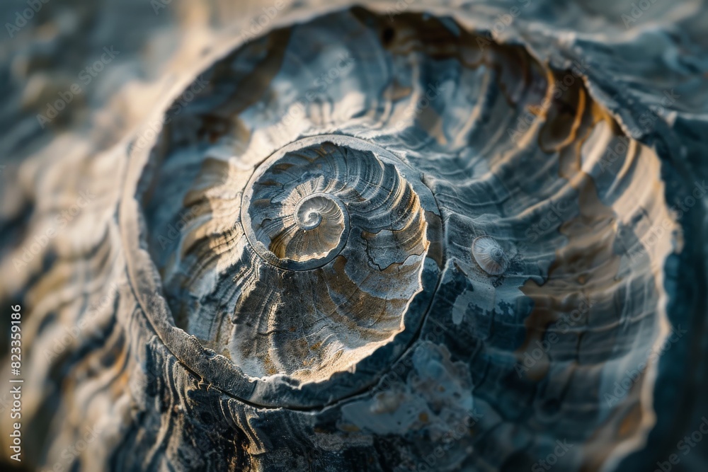 Poster An impressive display of the detailed marbled pattern within a prehistoric spiral shell fossil