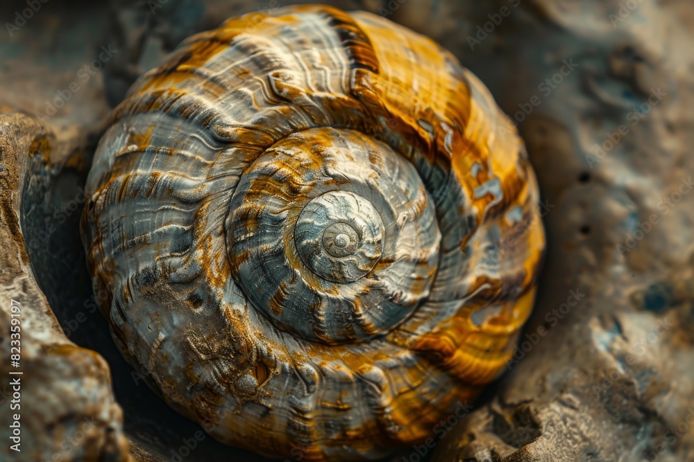 Poster detailed capture of a brownish marine shell with a swirling pattern, set against a stone backdrop wi
