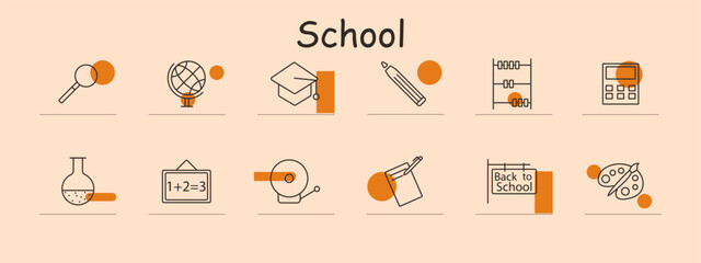 School icon set. Magnifying glass, globe, graduation cap, pencil, abacus, calculator, flask, chalkboard, school bell, palette. Education, learning, students, classroom, academic, teaching tools