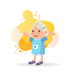 Cheerful girl raising hands greeting someone. Little kid with bow and in blue dress. Childhood concept. Vector illustration can be used for topics like daughter, greeting, gesturing