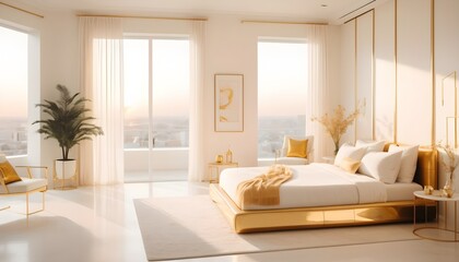 white and gold theme interior modern minimalism photo realism