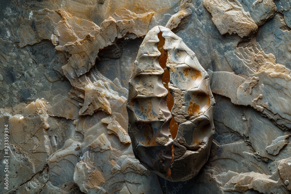 Leinwandbilder The image features an intricate fossilized shell with a unique texture amidst rock formations