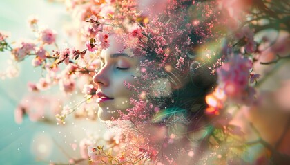 Surreal portrait of a woman blending with blooming nature, capturing ethereal beauty in a unique artistic expression, with banner space