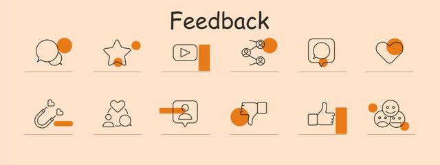 Feedback set icon. Speech bubble, star, video play, share, chat, heart, magnet, community, profile, dislike, like, emotions. Feedback, review, interaction concept.