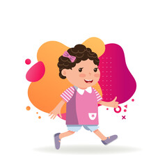 Cheerful girl running. Little kid with curly hair and bow in pink dress. Childhood concept. Vector illustration can be used for topics like leisure activity, fun.