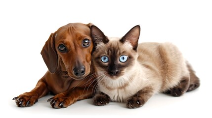 Cute dachshund dog and siamese cat lying together isolated on white background. Friendship of a dog and a cat. Use this photo for pet care promotions. AI