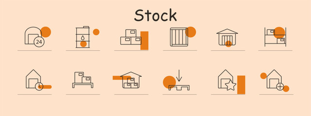Stock set icon. Warehouse, storage tank, crates, storage shelves, inventory, shipping container, packages, stockroom, pallet, supply chain, warehouse with star. Inventory concept