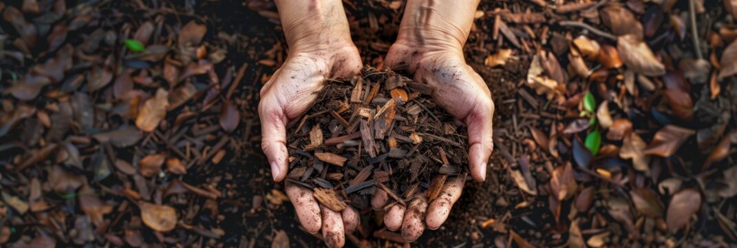 Hands mulching soil with bark chips in garden, mulch closeup, crushed wood pieces, copy space