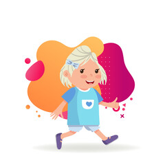 Excited girl running. Little kid in blue dress with thumb up. Childhood concept. Vector illustration can be used for topics like leisure activity, fun, positive feedback