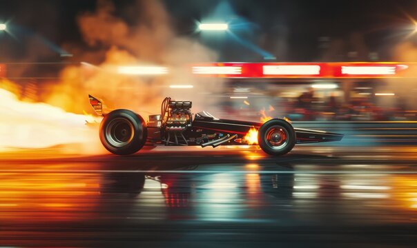 Dragster car at the start of the race with fire and smoke behind the car
