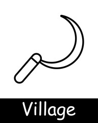 Village line icon. Fence, hose, shovel, sickle, watering can, mill, Windmill, rural community, countryside, agriculture, traditional village, farming, rural life, small town, landscape, pastoral.