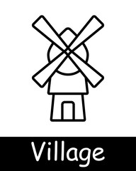 Village line icon. Fence, hose, shovel, sickle, watering can, mill, Windmill, rural community, countryside, agriculture, traditional village, farming, rural life, small town, landscape, pastoral.