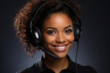 african woman with headphones working in a call center