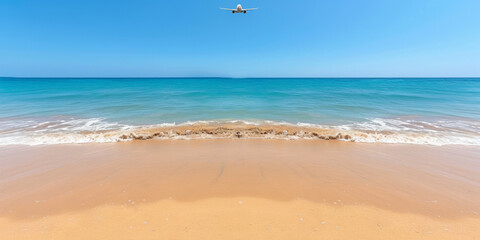 A beach with a clear blue sky and a plane flying over it