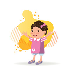 Happy girl raising hands greeting someone. Little kid with bow and in pink dress. Childhood concept. Vector illustration can be used for topics like daughter, greeting, gesturing