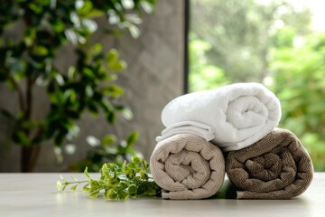 Clean soft rolled towels on white table banner, hotel, spa mockup with copy space,