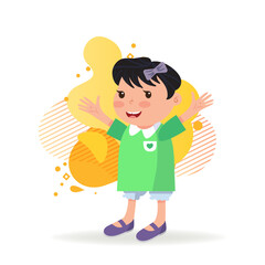 Happy girl raising hands greeting someone. Little kid with short black hair and in green dress. Childhood concept. Vector illustration can be used for topics like daughter, greeting, gesturing