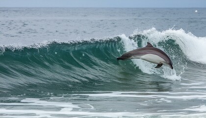 striped dolphin surfing under a sea wave before jumping outside the sea
