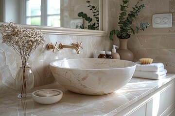 Fototapeta premium Modern bathroom interior with white bathtub and marble vanity, light walls, concrete floor, plants, natural lighting. Minimal bathroom with modern furniture.