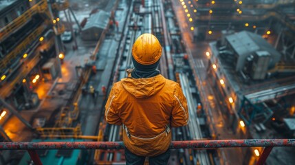 A worker in a yellow jacket and helmet looks over an industrial complex