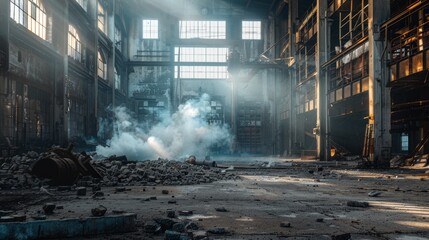 Abandoned industrial factory with smoke and sunlight for industrial or horror themed designs