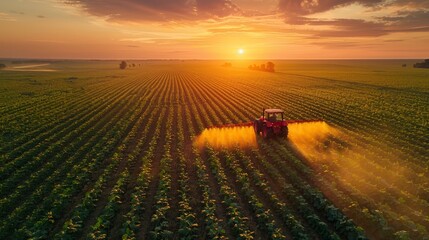 A tractor spraying crops in the farmland under a dramatic sunset sky