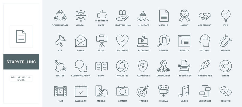 Outline digital marketing and content creator symbols, creative campaign among blog audience, article and typewriter of author. Storytelling thin black and red line icons set vector illustration