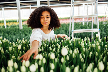 Enchanting african american young woman among white tulips in winter garden.