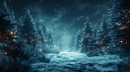 A magical winter night scene with snow-covered trees and soft glowing lights in a forest