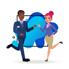 Office employees running to work. Flat vector illustration. African American security guard and Caucasian office manager in hurry. Business, security, office work concept