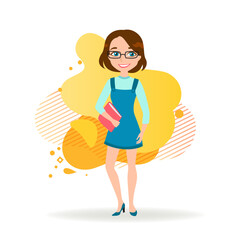 Pretty female student with book. Young girl with short hair in eyeglasses in skirtalls. Education concept. Vector illustration can be used for topics like fashion, youth, lifestyle