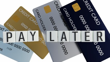 A 3D rendering of the phrase "Pay Later" written on cube shapes, and credit cards