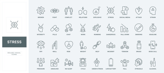 Factors of mental health problems, social media chat incidents and relationship tension, insomnia thin black and red outline symbols, vector illustration. Stress and depression causes line icons set