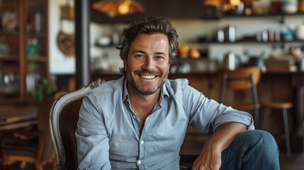 Obraz premium Handsome man with fine hair smile and sitting in chair