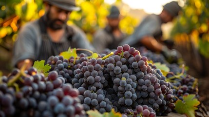 The photo captures the close-up details of hands picking clusters of grapes during the harvest in...