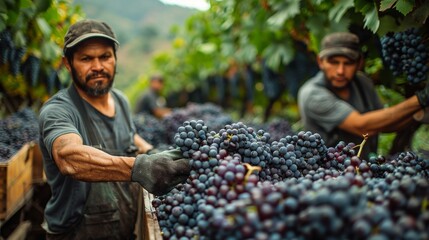 This image showcases agricultural workers harvesting ripe grapes in a vineyard with a focus on the fruits and hands
