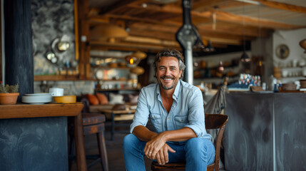 Obraz premium Handsome man with fine hair smile and sitting in chair