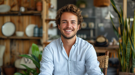 Fototapeta premium Handsome man with fine hair smile and sitting in chair