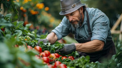 A focused farmer is shown harvesting vibrant red tomatoes among green foliage in a field setting