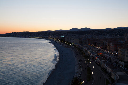 Aerial view at sunset of the Promenade des Anglais in Nice at sunst