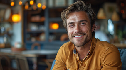 Fototapeta premium Handsome man with fine hair smile and sitting in chair