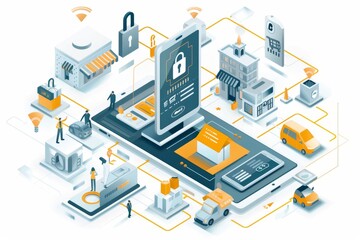 High tech illustration of a secure e commerce network with various digital devices and shopping elements